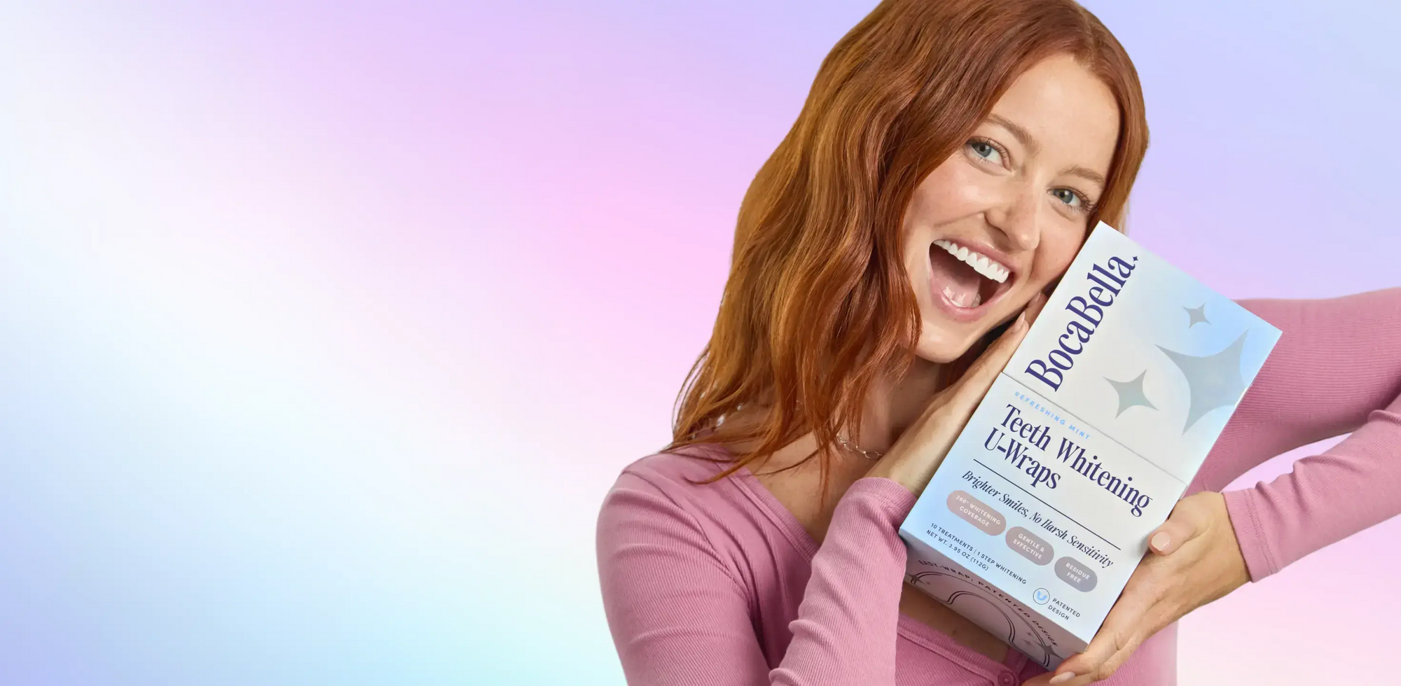 Woman holding a box of BocaBella teeth whitening product against a gradient background