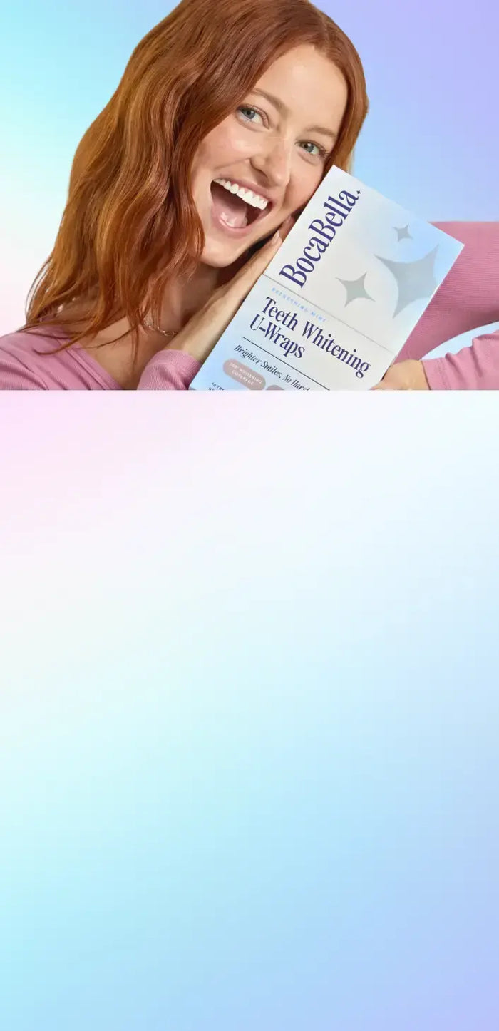 Woman holding a box of BocaBella teeth whitening strips against a gradient background